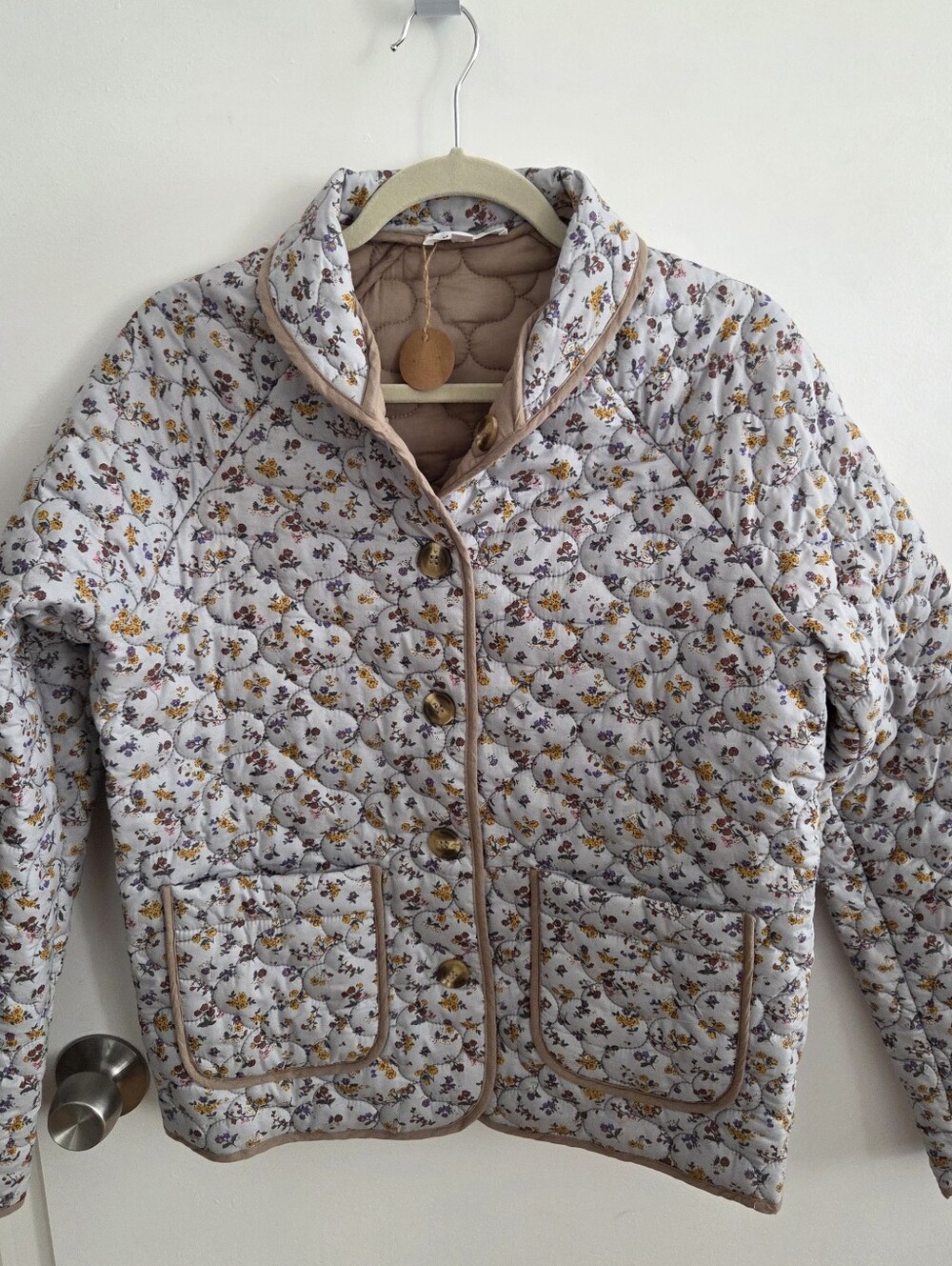 MABLE Floral Reversable Quilted Jacket in Light Blue & Tan Size Small Like New